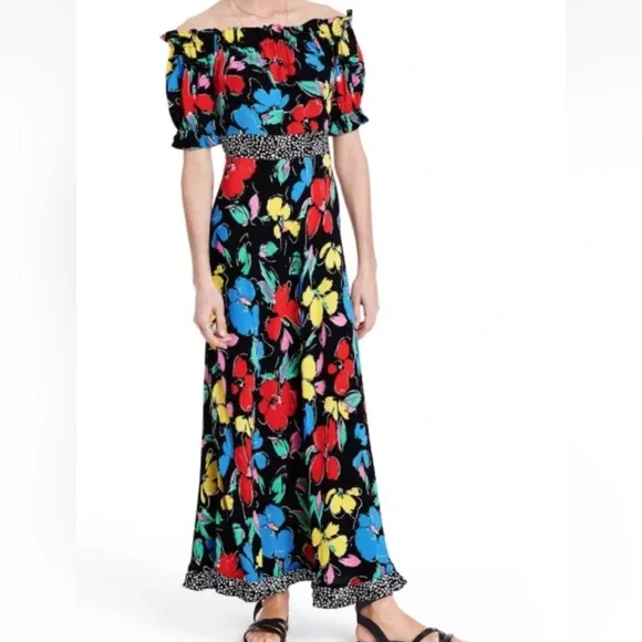 NWT RIXO  Floral Off the Shoulder Puff Maxi Dress Black 14 - Picture 10 of 16